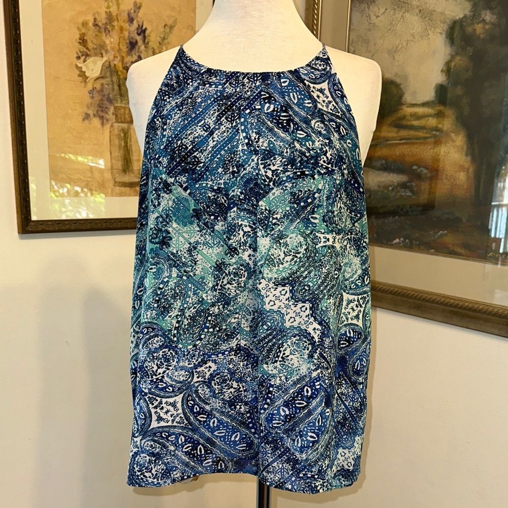 TOP - Violet + Claire Blue Paisley Pleated Neck Halter Tank Top Size Large